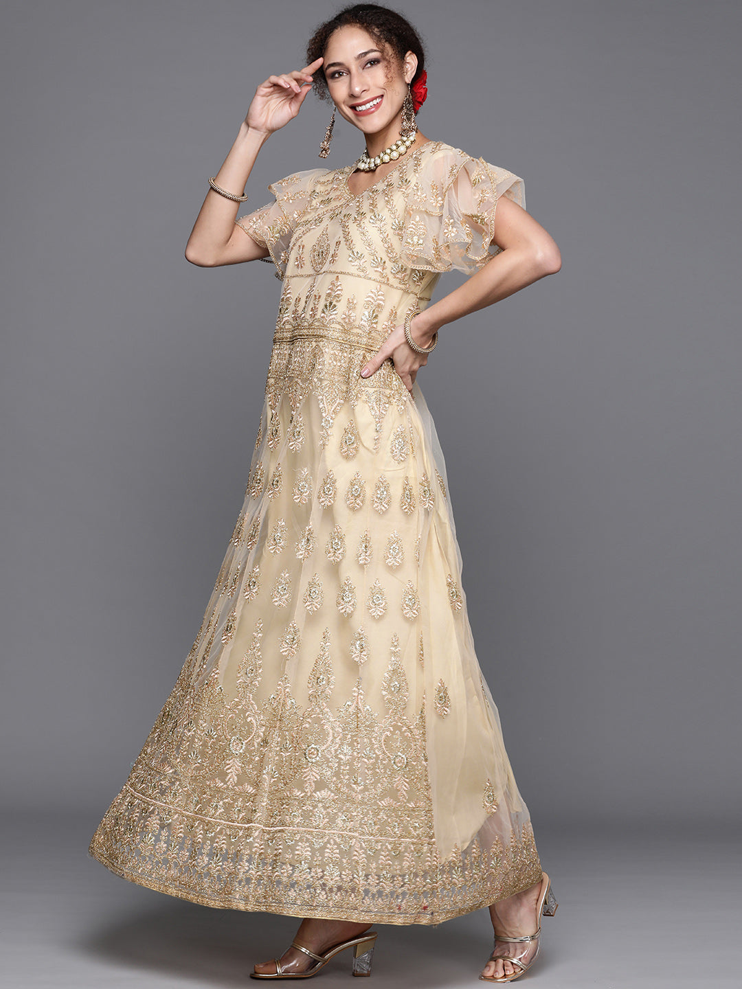 Gold Zari Embellished Net Gown & Dupatta With layered Sleeves