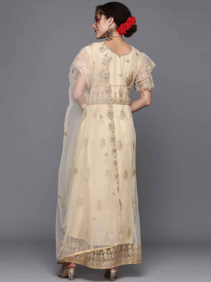 Gold Zari Embellished Net Gown & Dupatta With layered Sleeves