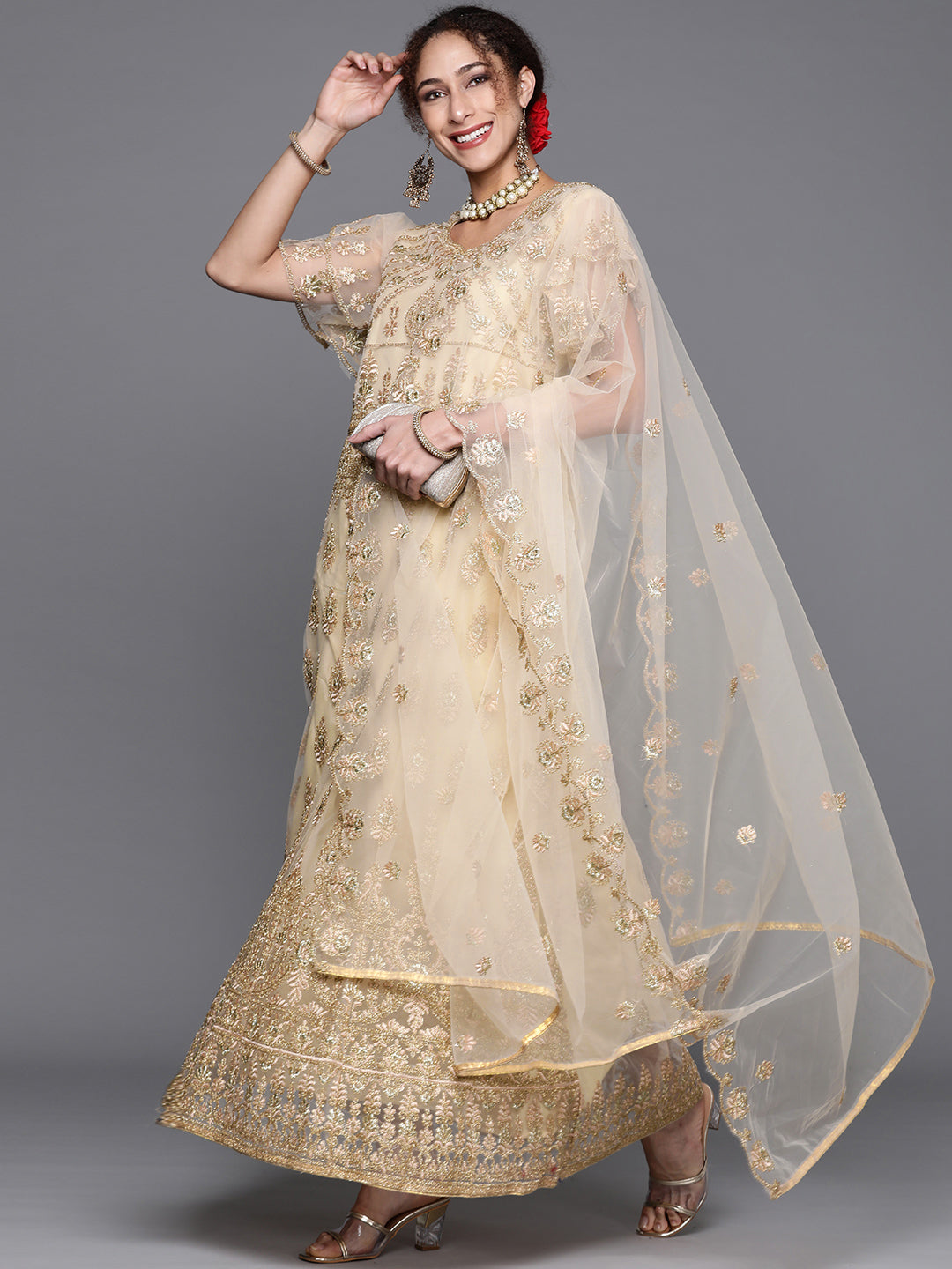 Gold Zari Embellished Net Gown & Dupatta With layered Sleeves