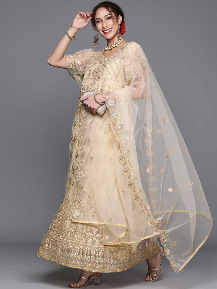 Gold Zari Embellished Net Gown & Dupatta With layered Sleeves