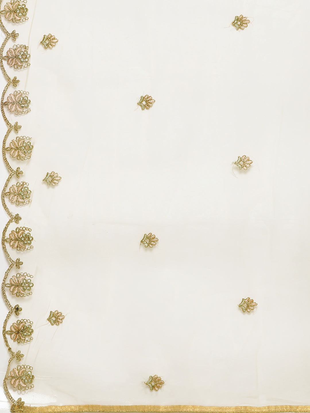 Gold Zari Embellished Net Gown & Dupatta With layered Sleeves