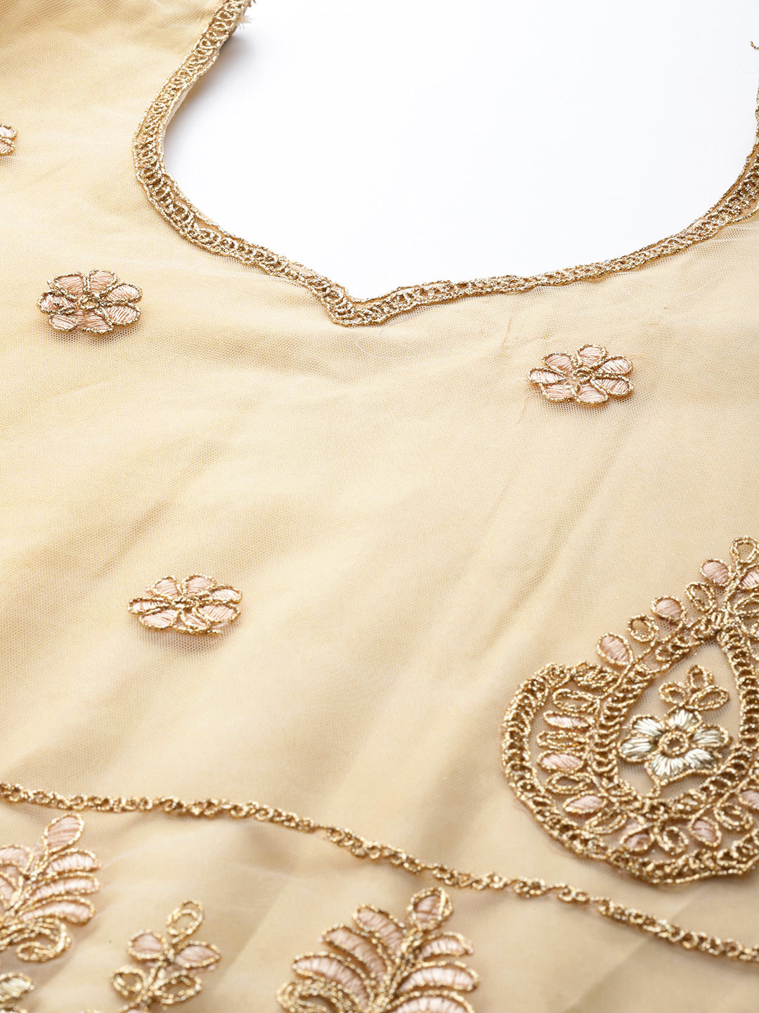 Gold Zari Embellished Net Gown & Dupatta With layered Sleeves