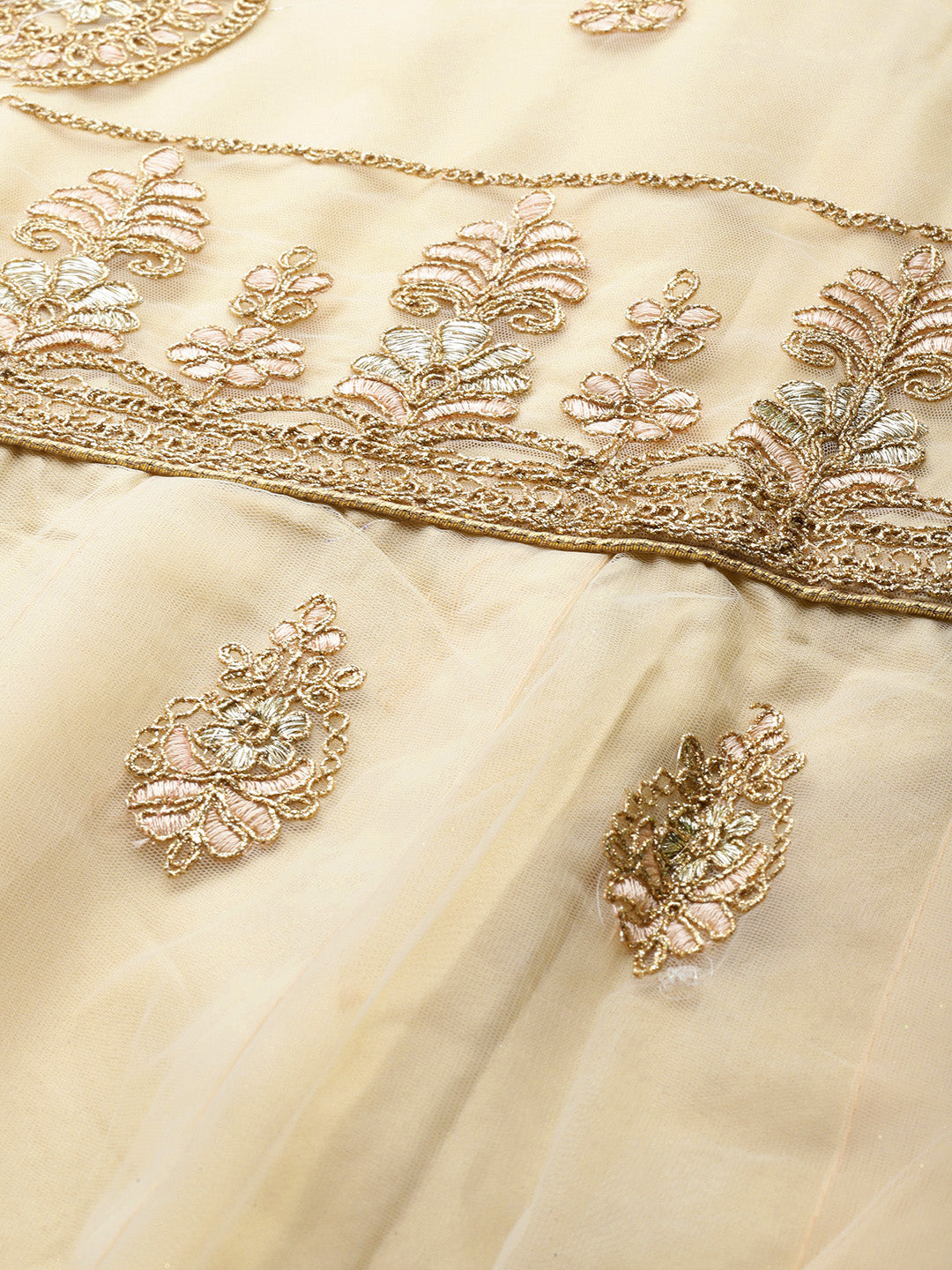 Gold Zari Embellished Net Gown & Dupatta With layered Sleeves