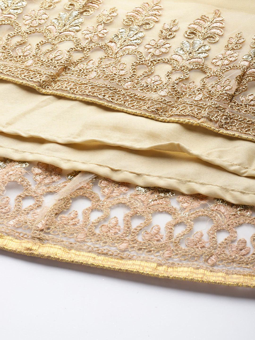Gold Zari Embellished Net Gown & Dupatta With layered Sleeves