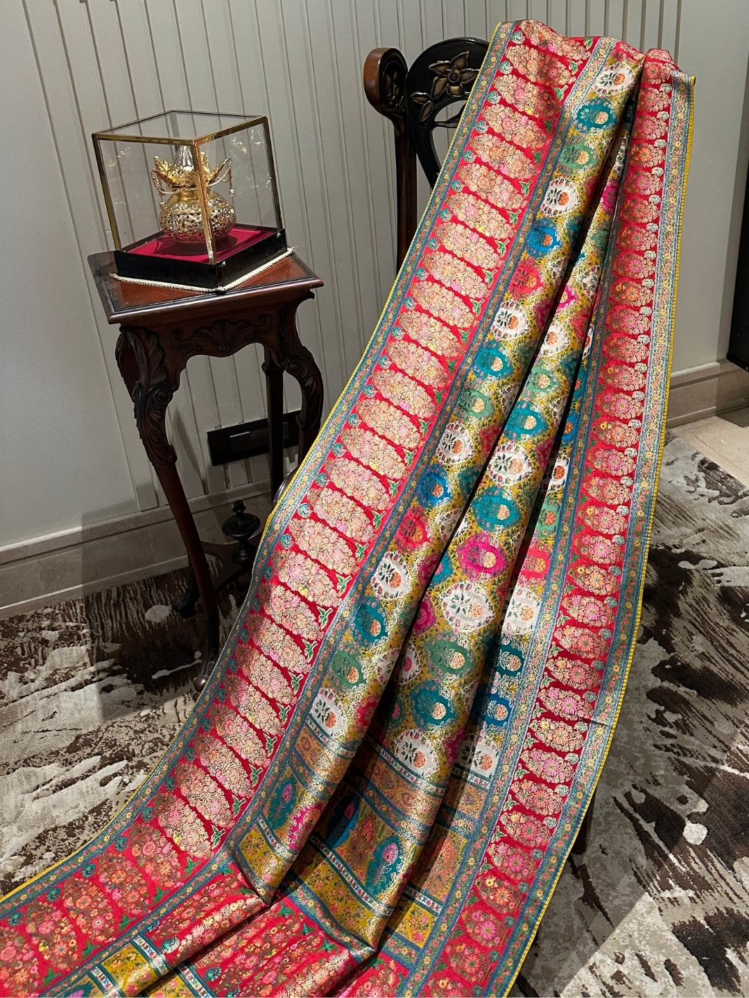 Vibrant Multi-coloured Silk Saree with Traditional Motifs