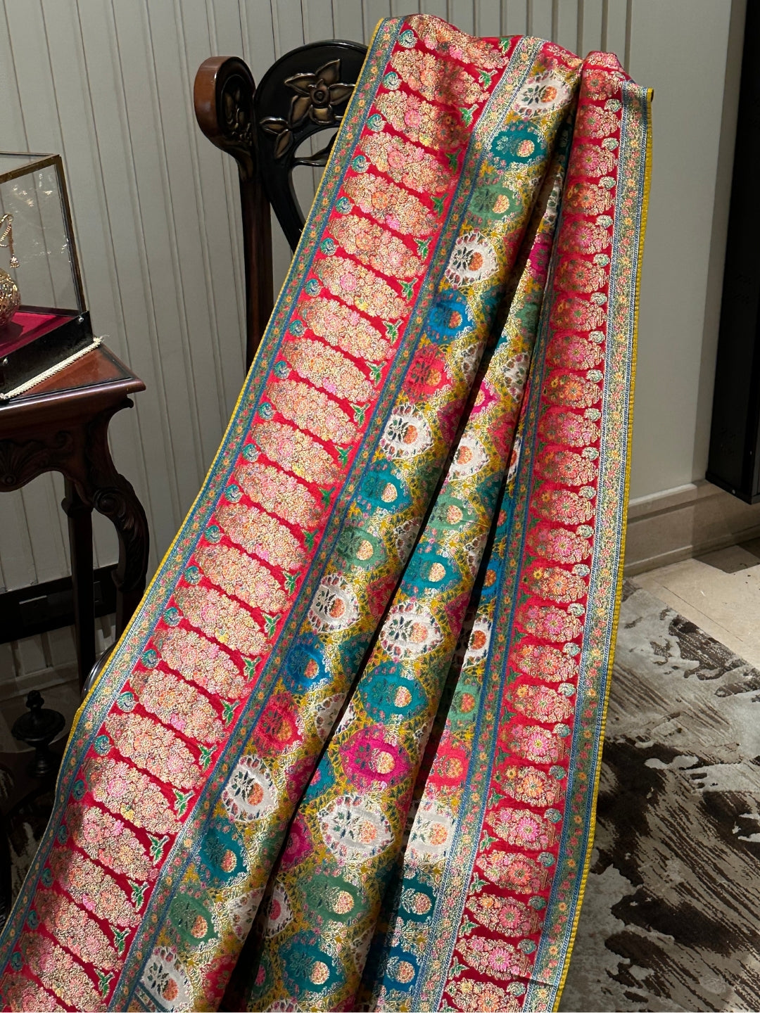 Vibrant Multi-coloured Silk Saree with Traditional Motifs