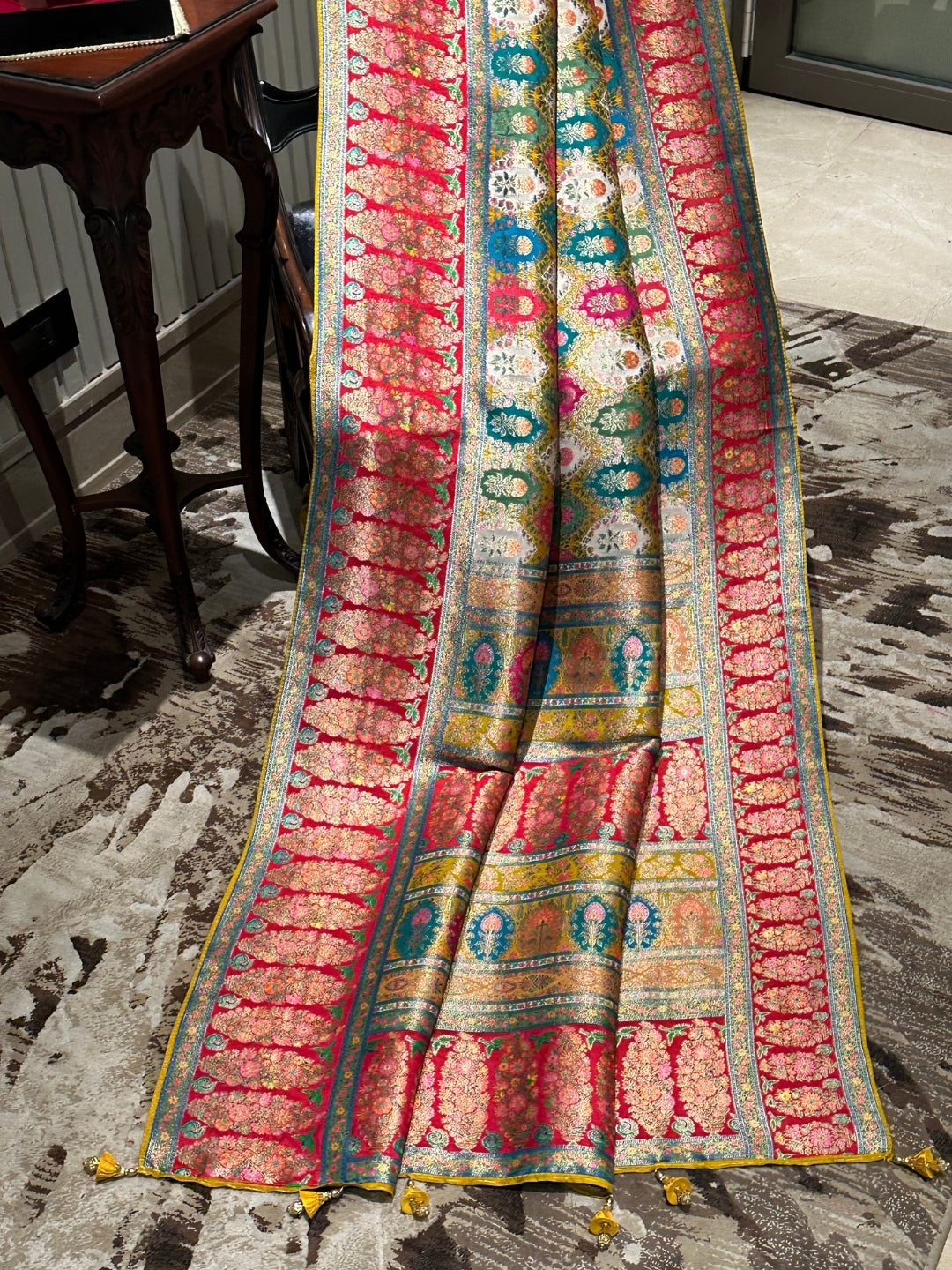 Vibrant Multi-coloured Silk Saree with Traditional Motifs