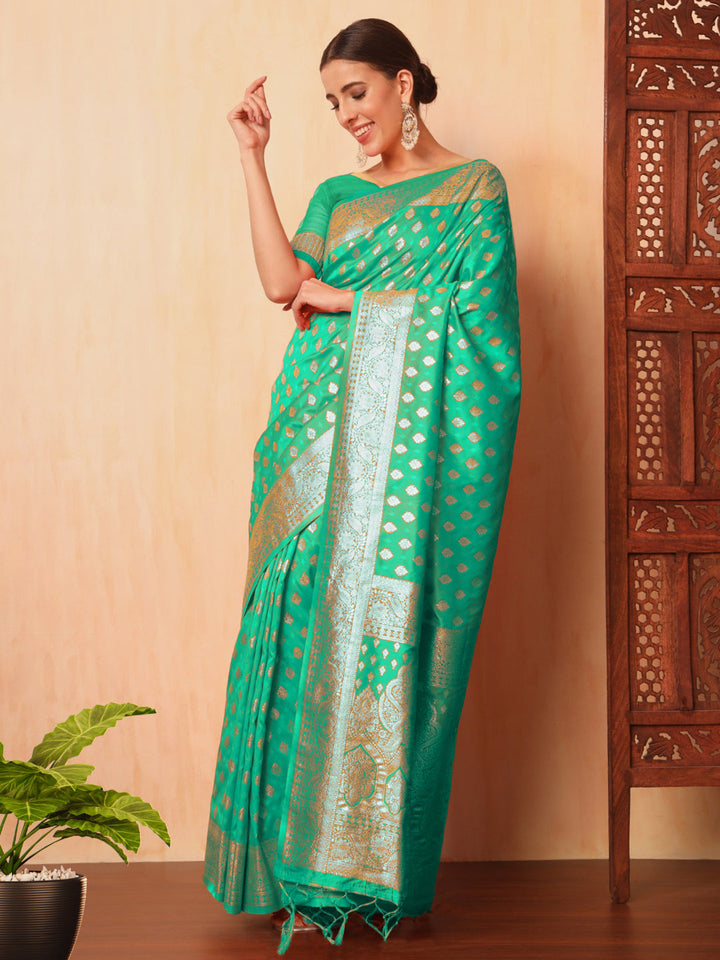 Resham & Zari Woven Traditional Silk Banarasi Saree with Ethnic ambi Motifs