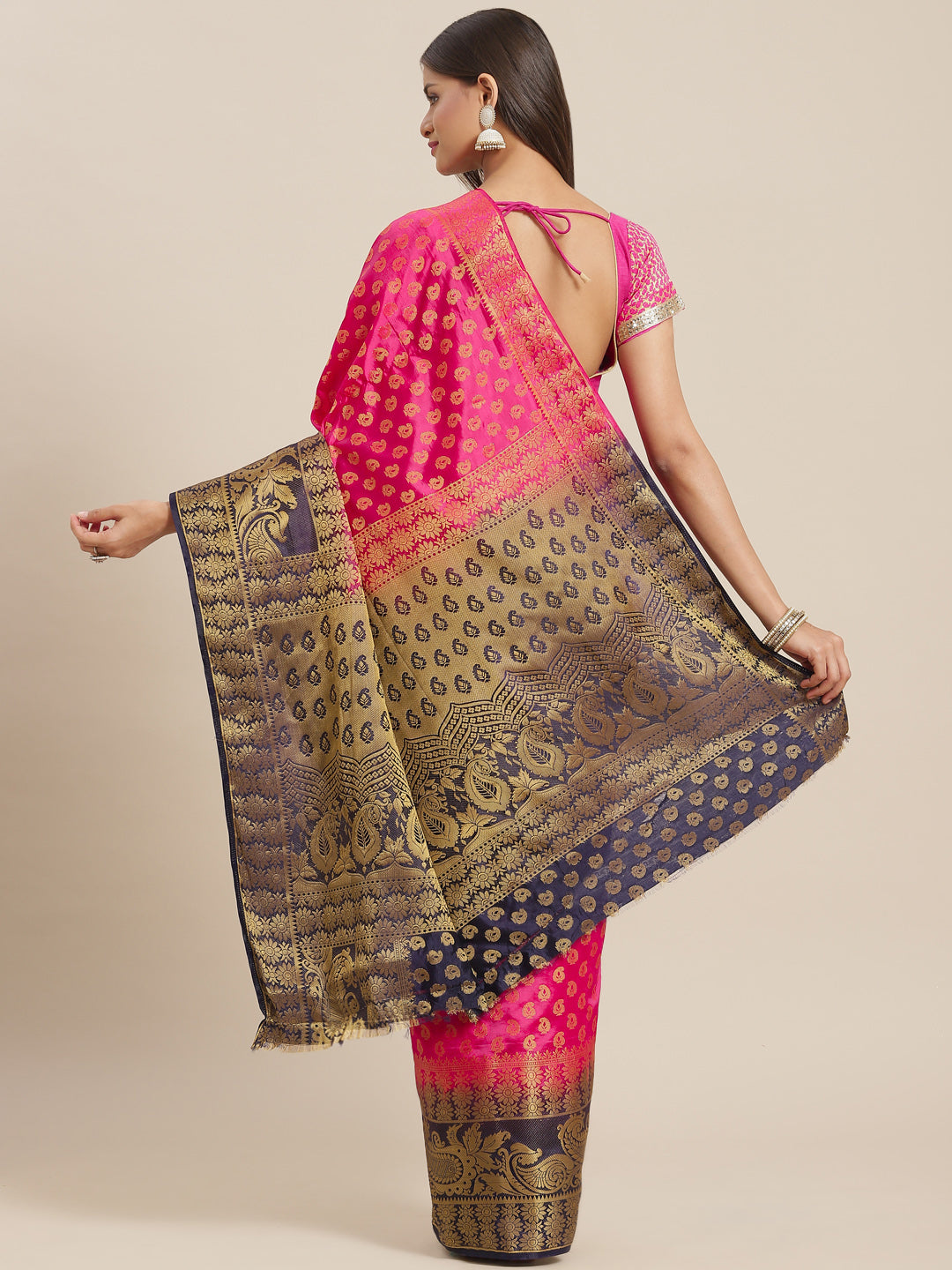 Pink to Blue Ombre Banarasi Georgette Saree With Contrast Blouse