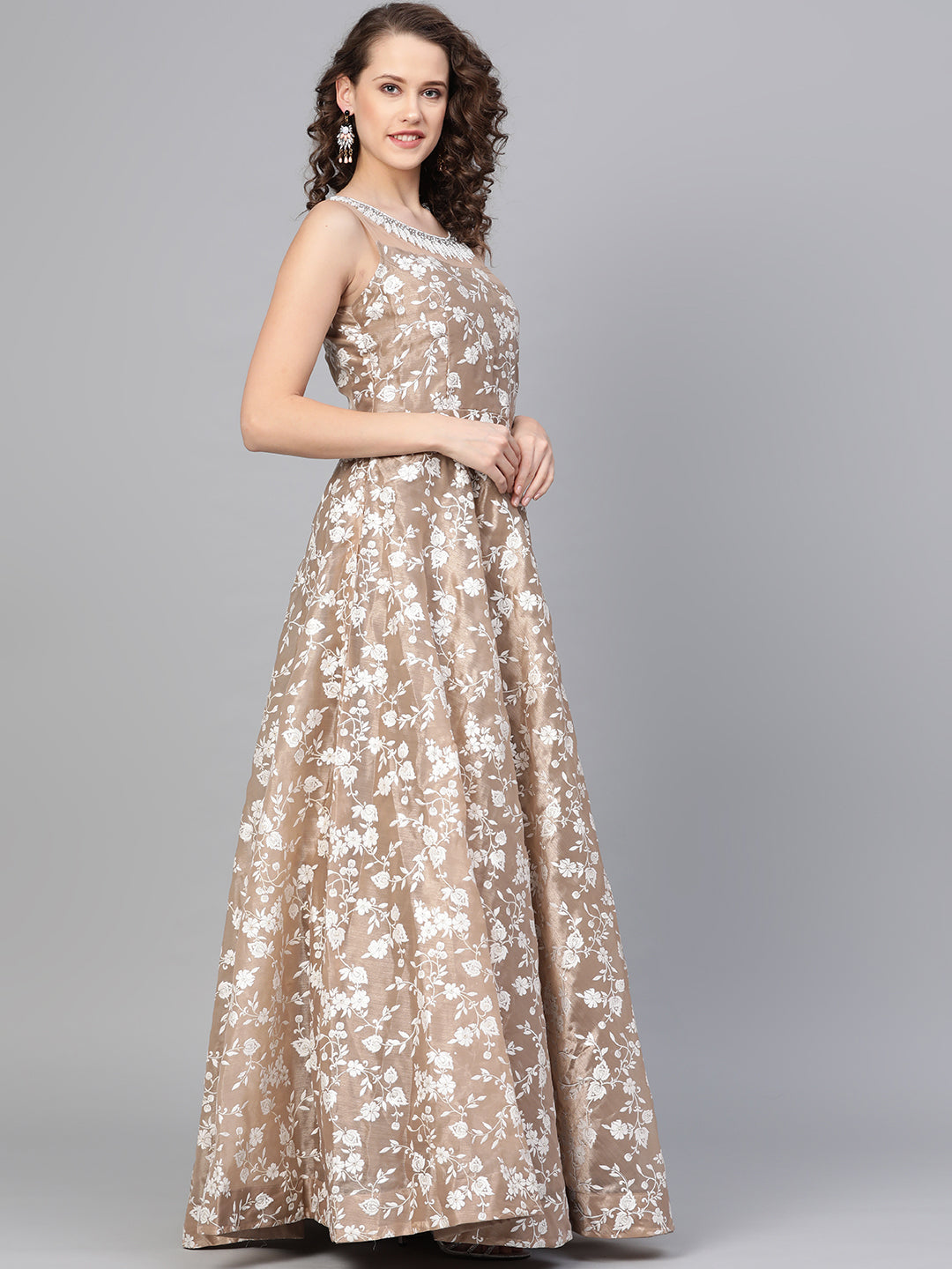 Cocktail Gown with Pearl embroidery and floral foil print