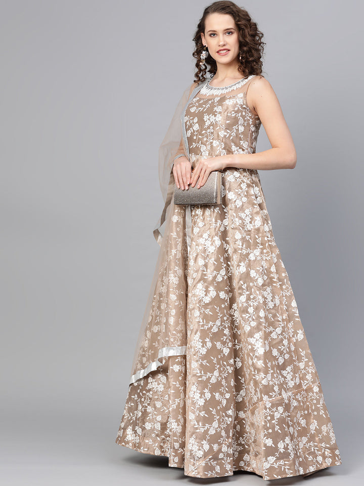 Cocktail Gown with Pearl embroidery and floral foil print