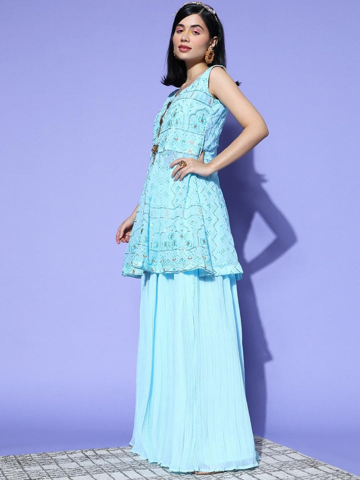 Turquoise Sequence & Resham Embroidered Peplum Kurta Lehenga Set