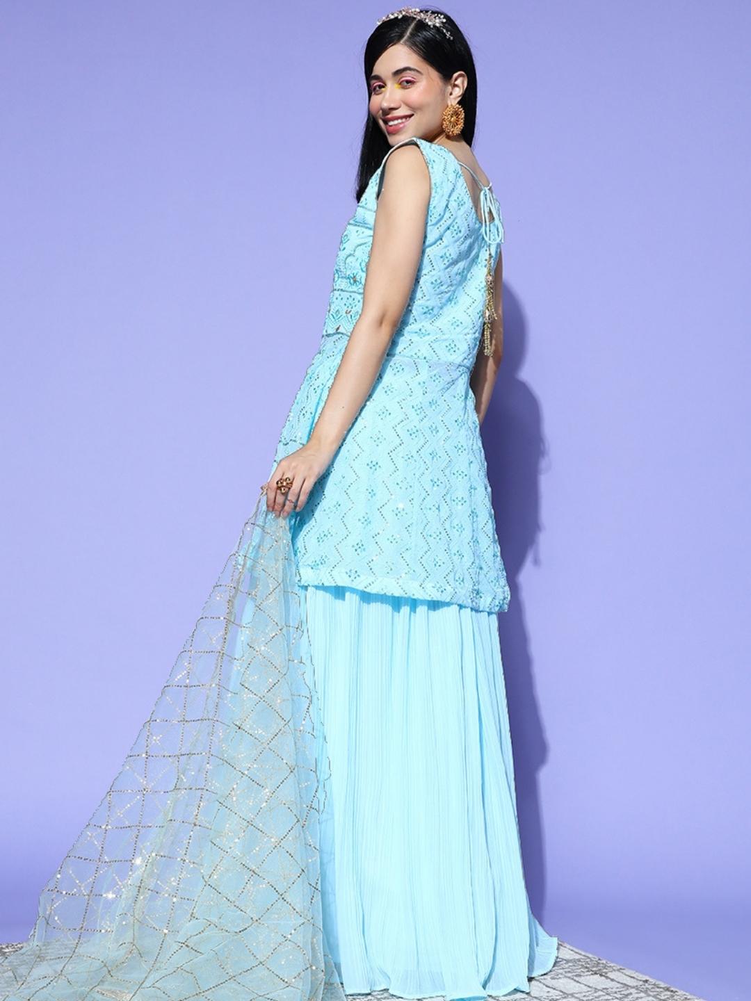 Turquoise Sequence & Resham Embroidered Peplum Kurta Lehenga Set