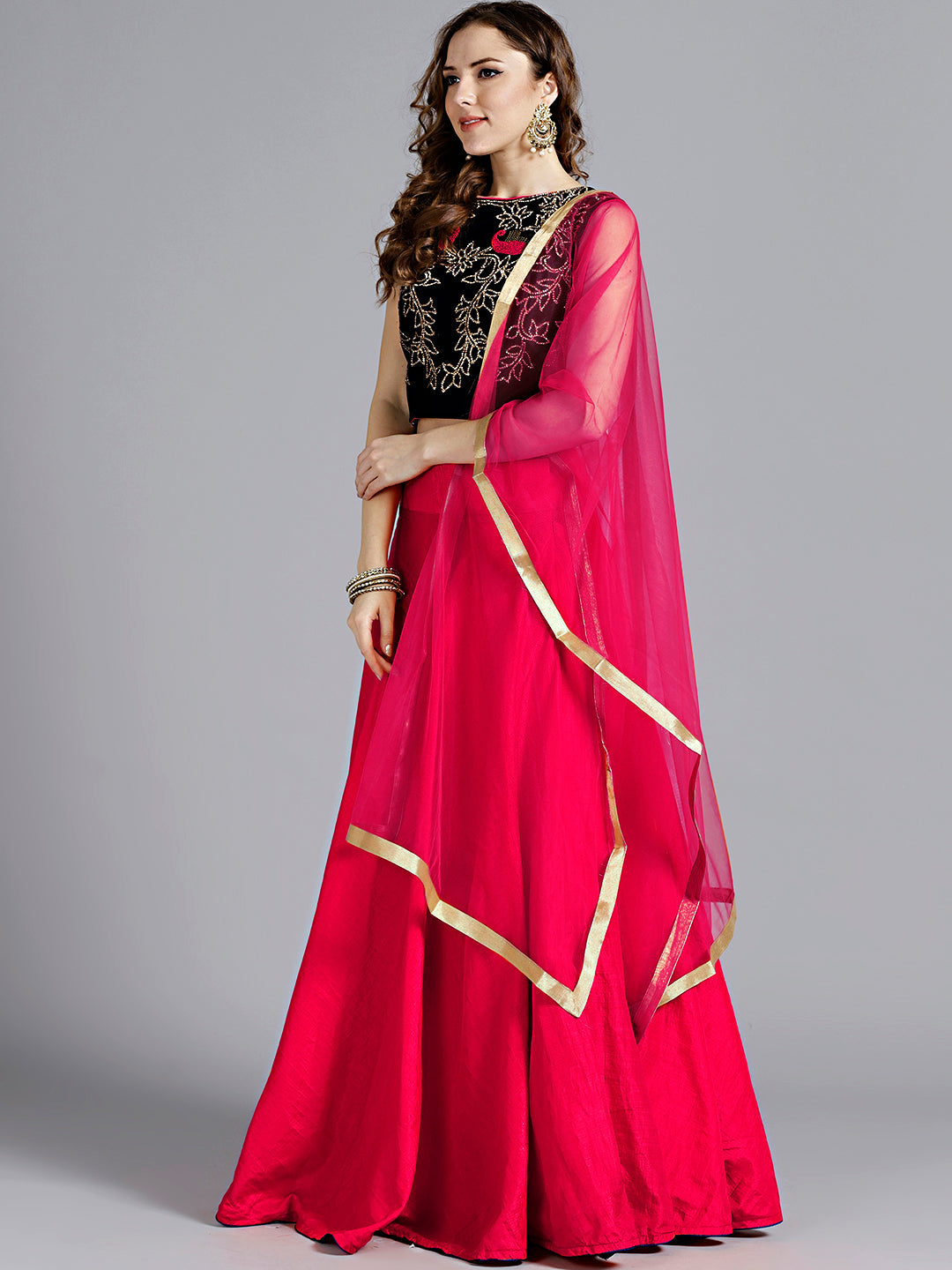 Made-to-Measure Pink Blue Embellished Crop top Lehanga set With crystals & thread Work