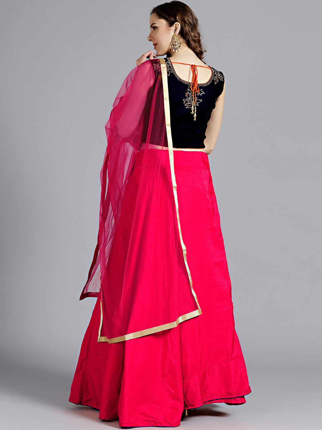 Made-to-Measure Pink Blue Embellished Crop top Lehanga set With crystals & thread Work