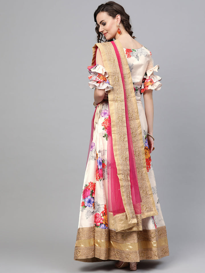 Digital Floral Print Lehenga with Zari Embroidered Gota Border