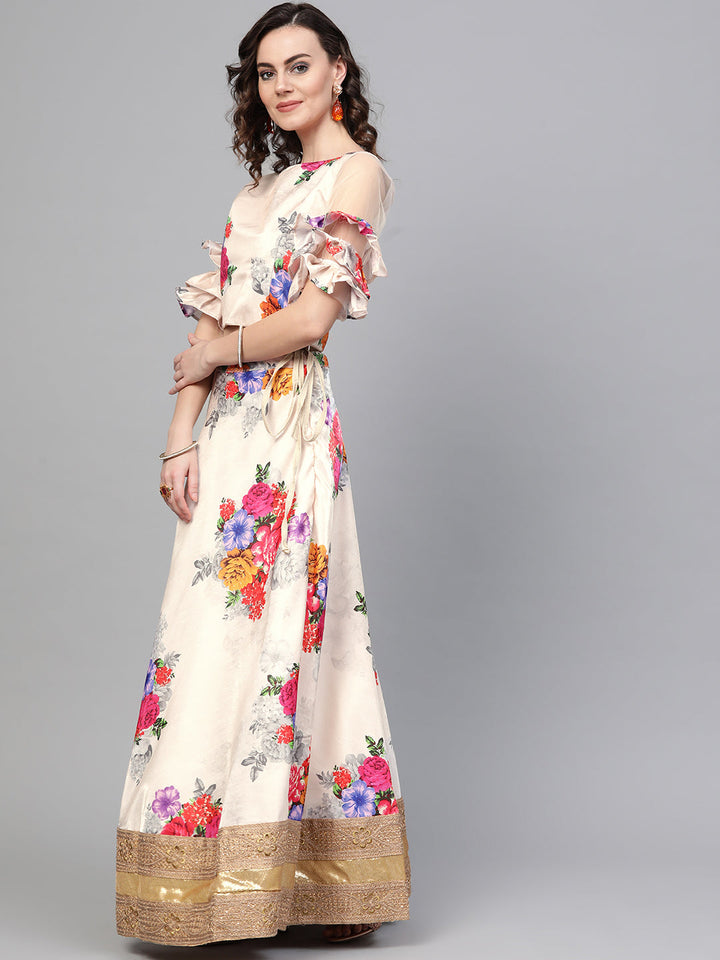 Digital Floral Print Lehenga with Zari Embroidered Gota Border