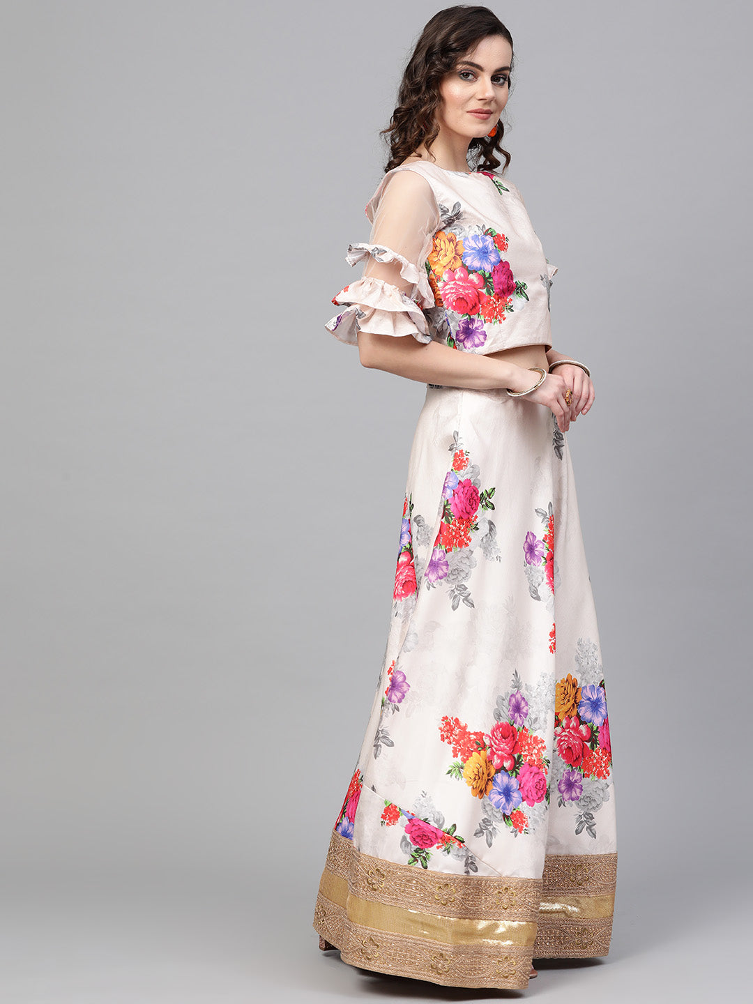 Digital Floral Print Lehenga with Zari Embroidered Gota Border