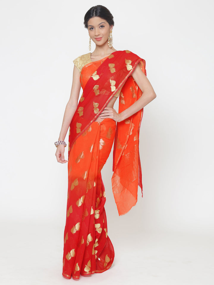 Mysore Georgette Orange to Red ombre dyed saree with Leaf shaped weaved motifs