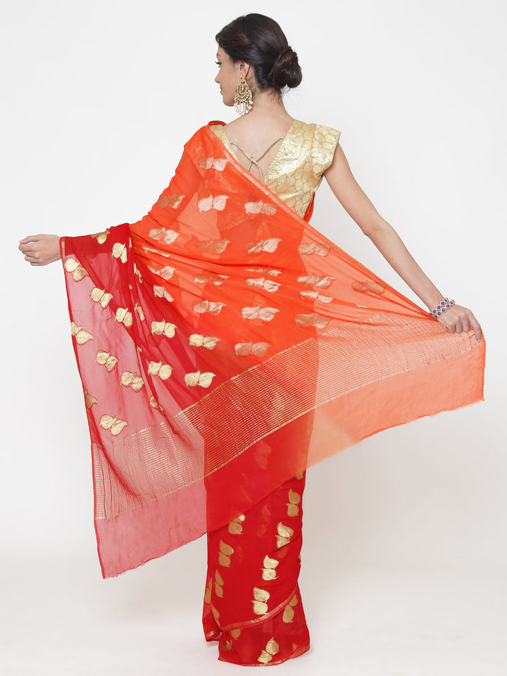 Mysore Georgette Orange to Red ombre dyed saree with Leaf shaped weaved motifs