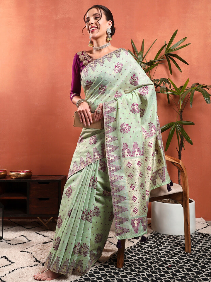 Chhabra 555 Banarasi Chanderi Jute Cotton Silk Saree with Temple Pattern Meenakari Weaving & Tassles