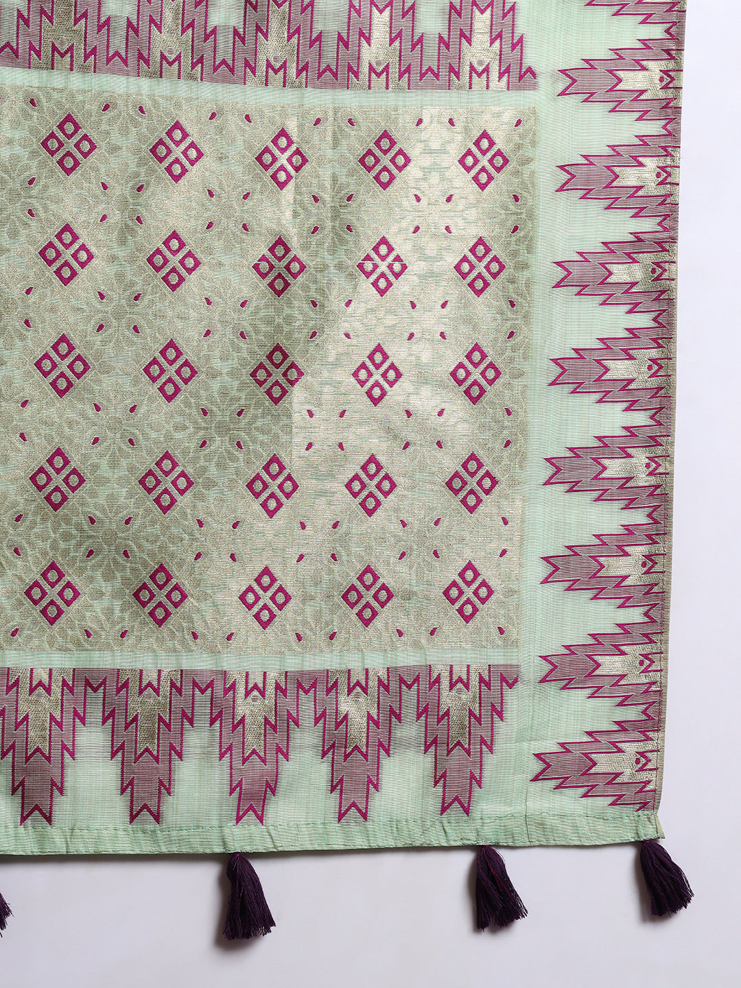 Banarasi Chanderi Jute Cotton Silk Saree with Temple Pattern Meenakari Weaving & Tassles