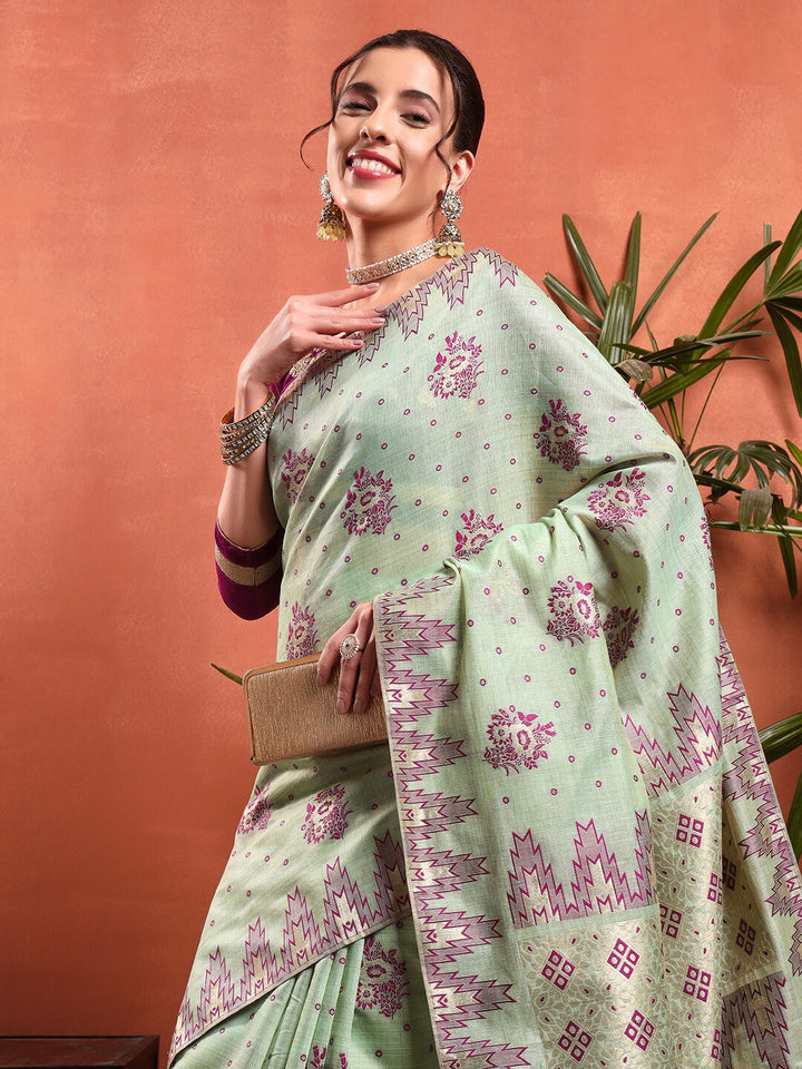 Banarasi Chanderi Jute Cotton Silk Saree with Temple Pattern Meenakari Weaving & Tassles