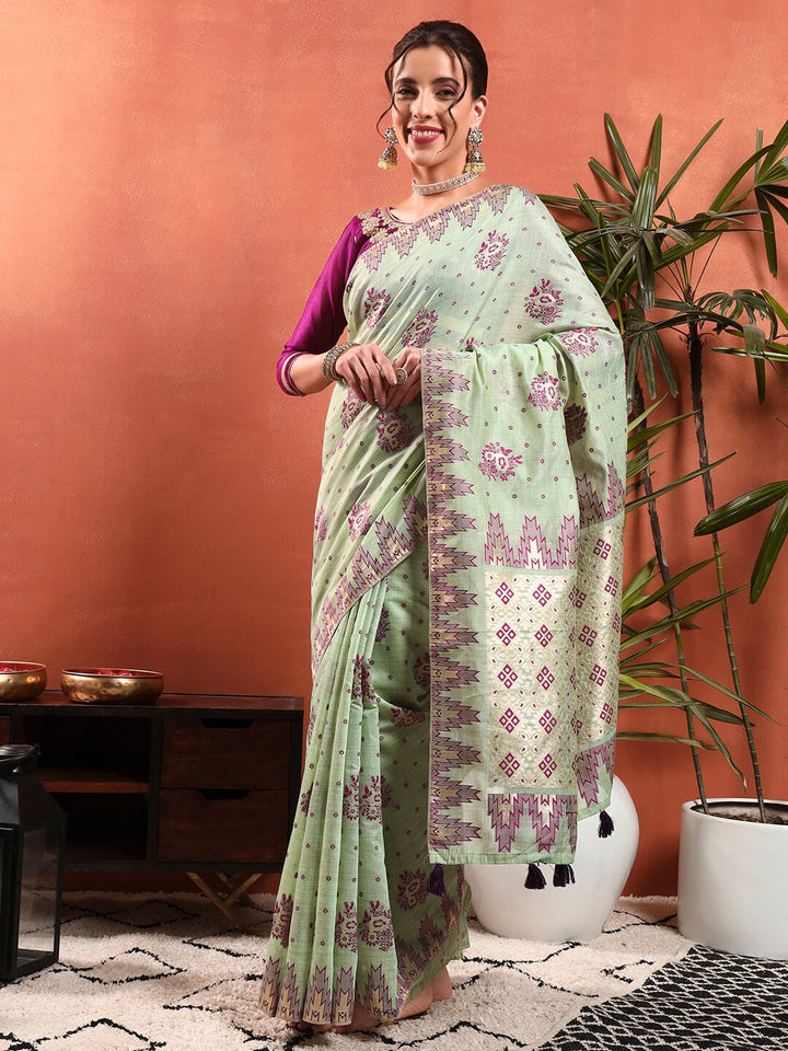 Banarasi Chanderi Jute Cotton Silk Saree with Temple Pattern Meenakari Weaving & Tassles