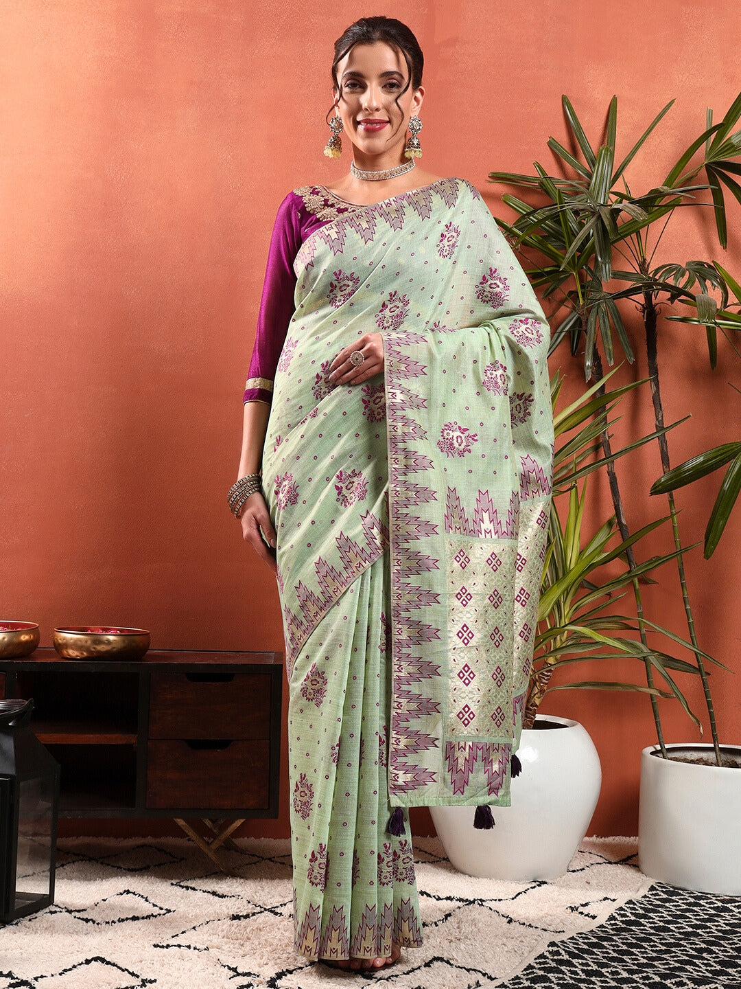 Banarasi Chanderi Jute Cotton Silk Saree with Temple Pattern Meenakari Weaving & Tassles