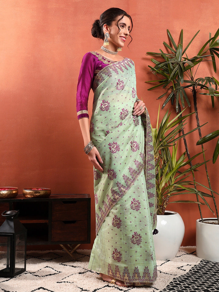 Banarasi Chanderi Jute Cotton Silk Saree with Temple Pattern Meenakari Weaving & Tassles