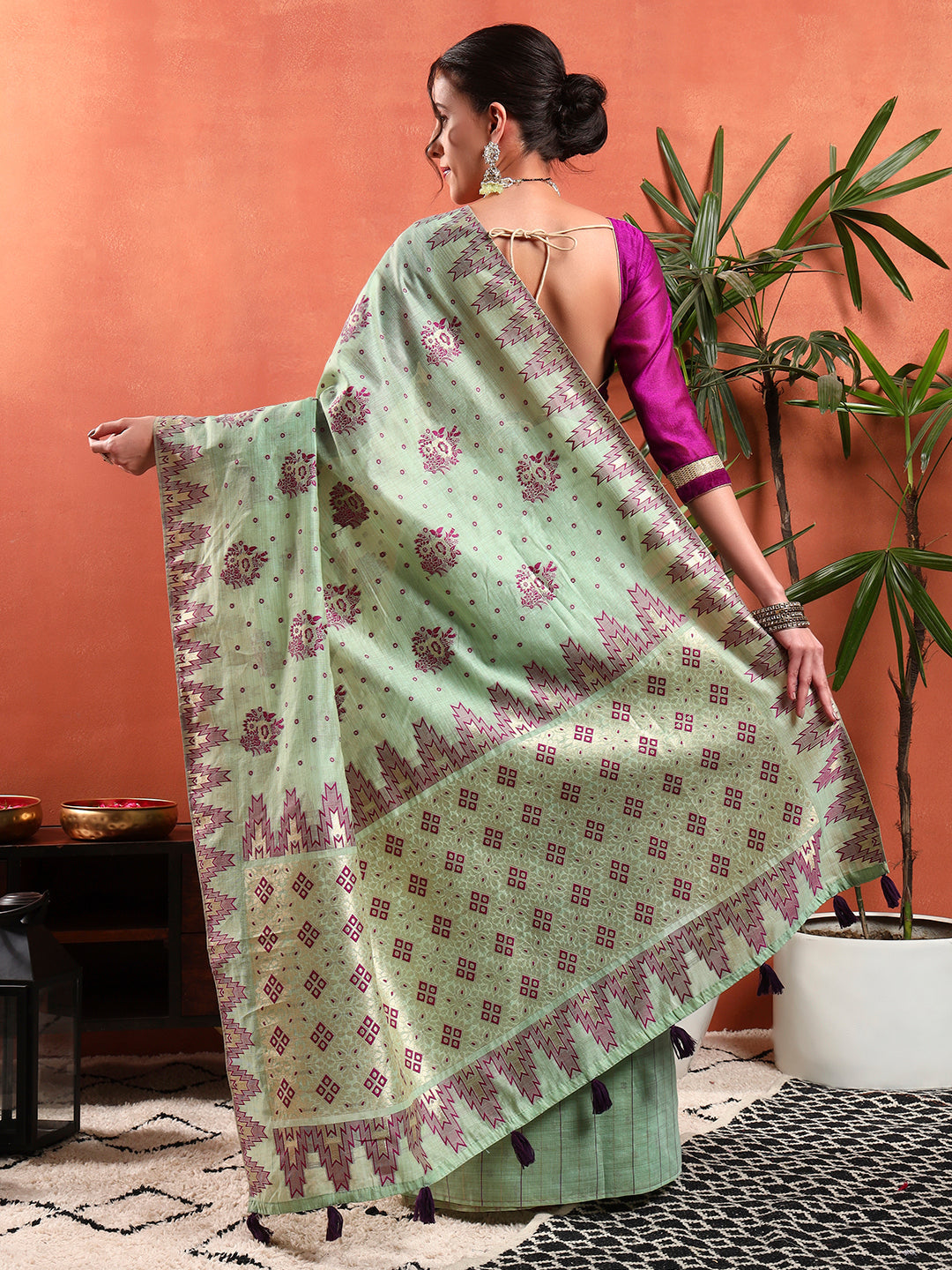 Banarasi Chanderi Jute Cotton Silk Saree with Temple Pattern Meenakari Weaving & Tassles