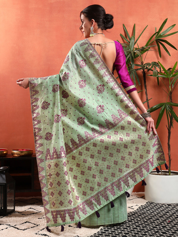 Banarasi Chanderi Jute Cotton Silk Saree with Temple Pattern Meenakari Weaving & Tassles