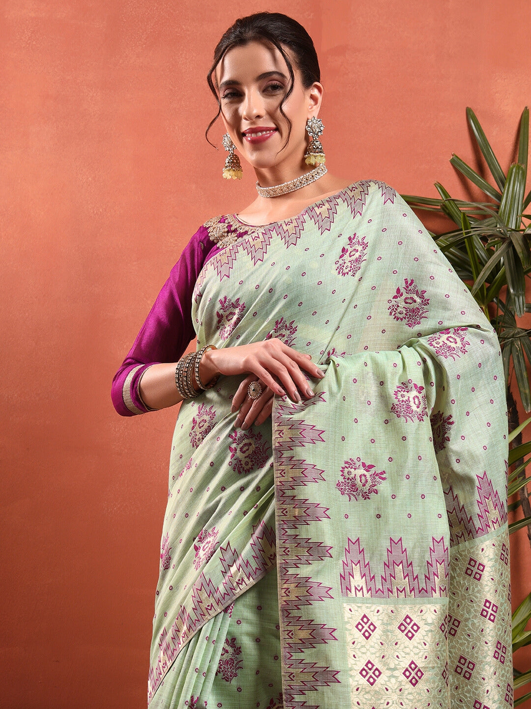 Banarasi Chanderi Jute Cotton Silk Saree with Temple Pattern Meenakari Weaving & Tassles