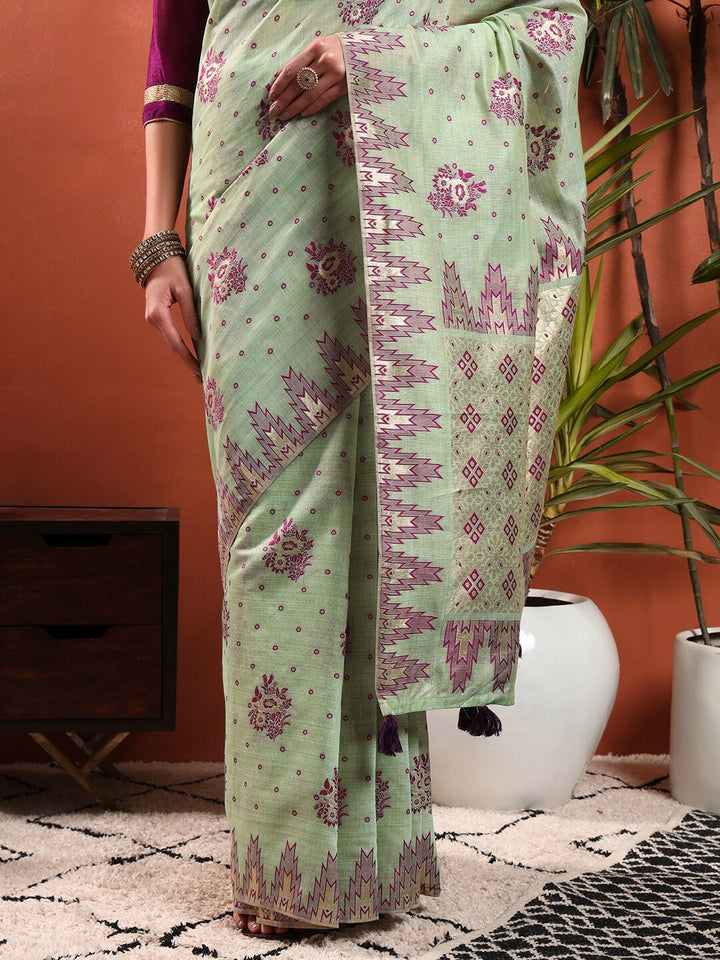 Banarasi Chanderi Jute Cotton Silk Saree with Temple Pattern Meenakari Weaving & Tassles