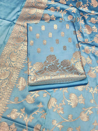 Chhabra 555 Banarasi Satin Silk Dress Material with Floral Rose Zari Weave & Tasseled dupatta 