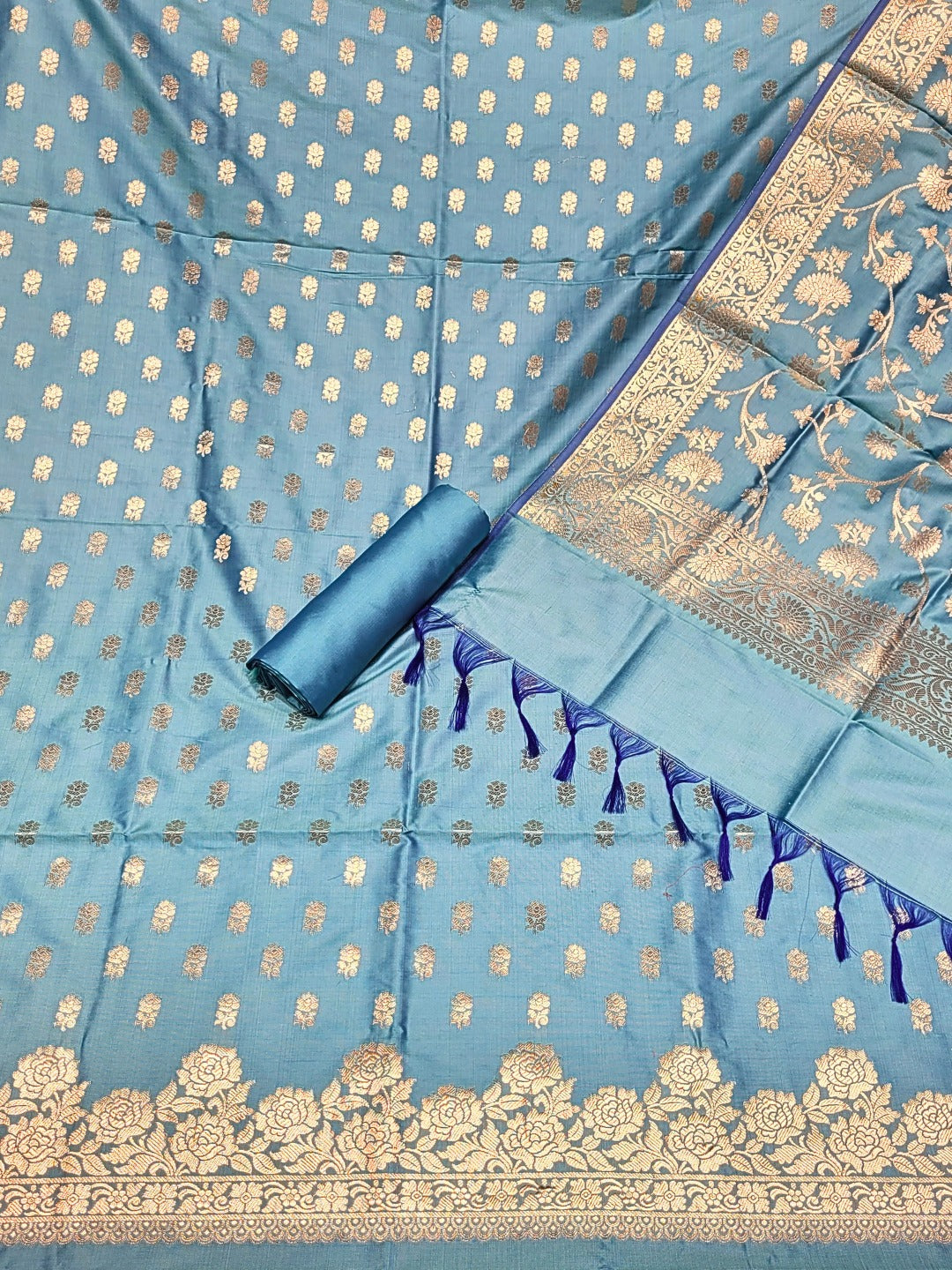 Banarasi Satin Silk Dress Material with Floral Rose Zari Weave & Tasseled dupatta