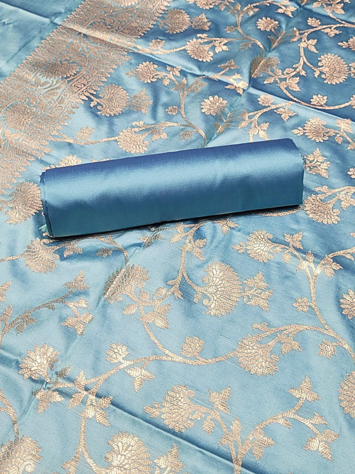 Banarasi Satin Silk Dress Material with Floral Rose Zari Weave & Tasseled dupatta