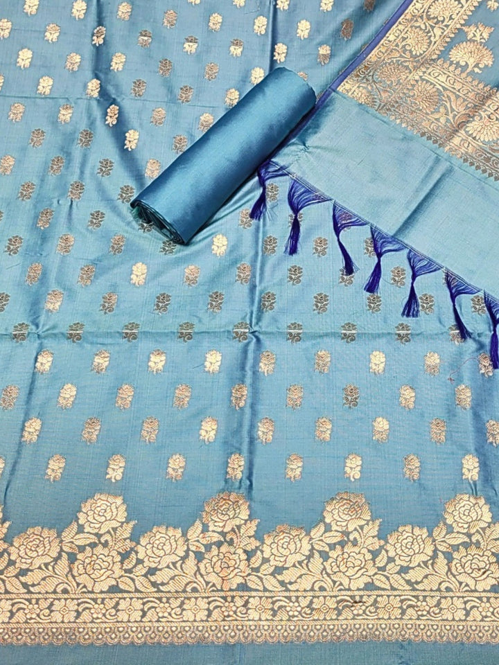 Banarasi Satin Silk Dress Material with Floral Rose Zari Weave & Tasseled dupatta