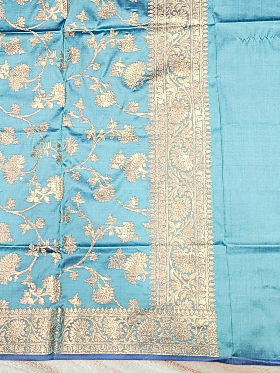 Banarasi Satin Silk Dress Material with Floral Rose Zari Weave & Tasseled dupatta