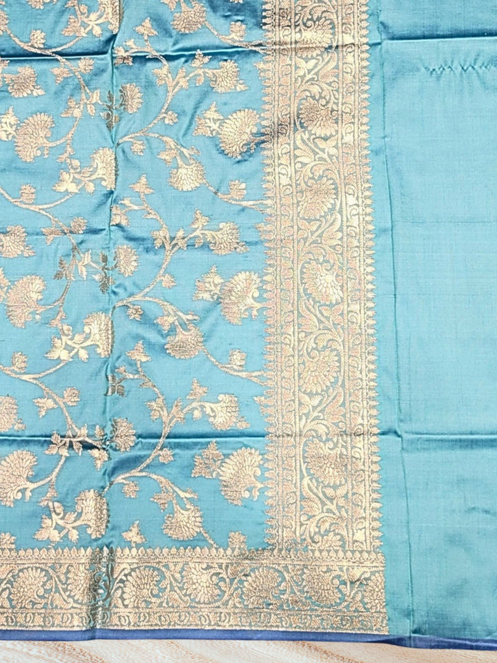 Banarasi Satin Silk Dress Material with Floral Rose Zari Weave & Tasseled dupatta