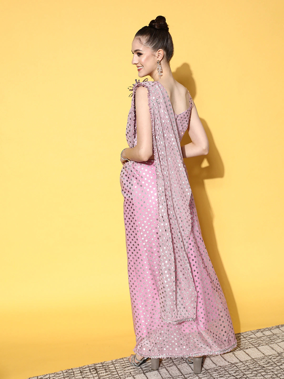 Drape Lycra Saree With Beautiful Silver Embellishment & Applique Work