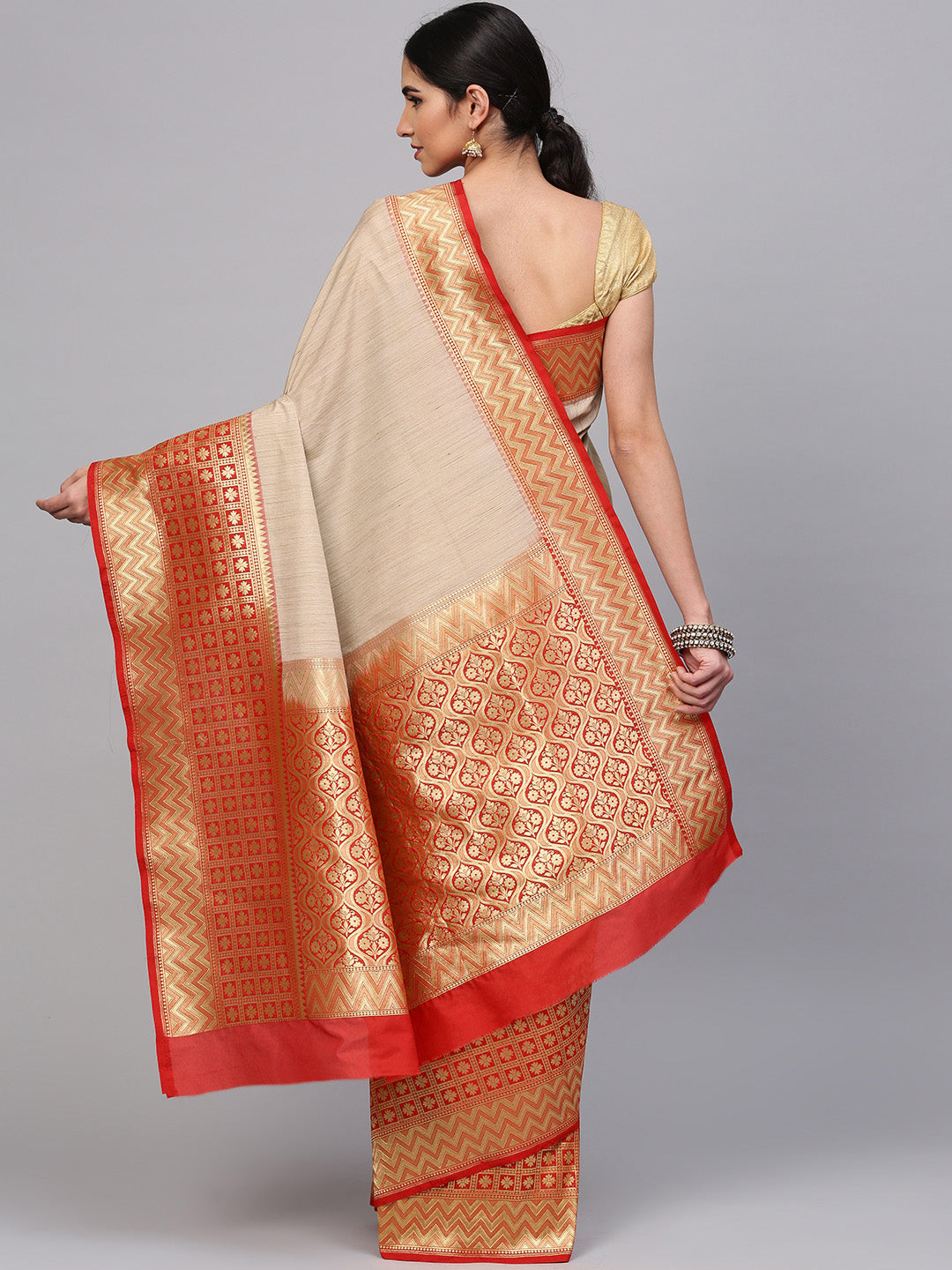 Handloom Banarasi Silk Saree with Zari Geometric and Floral Motifs