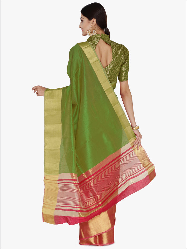Colorblocked Banarasi Silk Saree with Broad Gold Zari Border