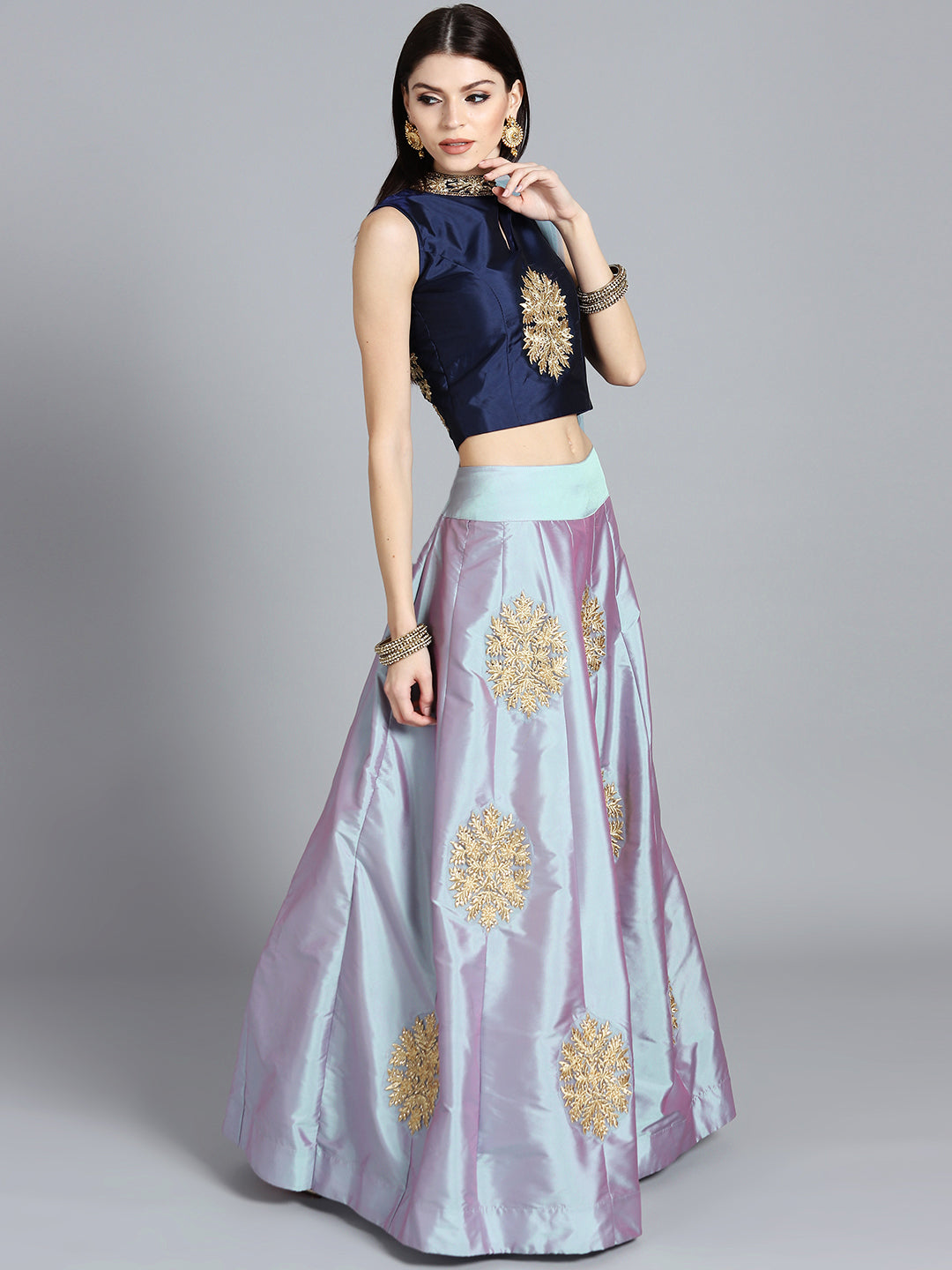 Zari & Kundan Applique Embroidered Crop Top Lehenga Choli