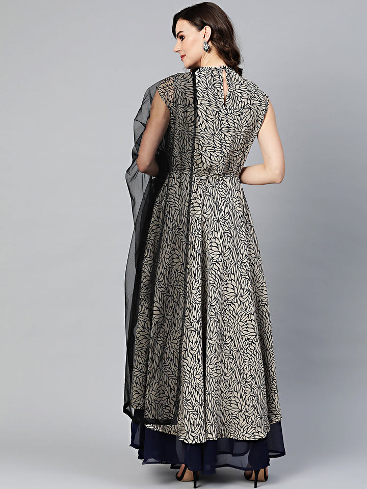 Layered Printed Dress with Tassled Belt and Tropical Print