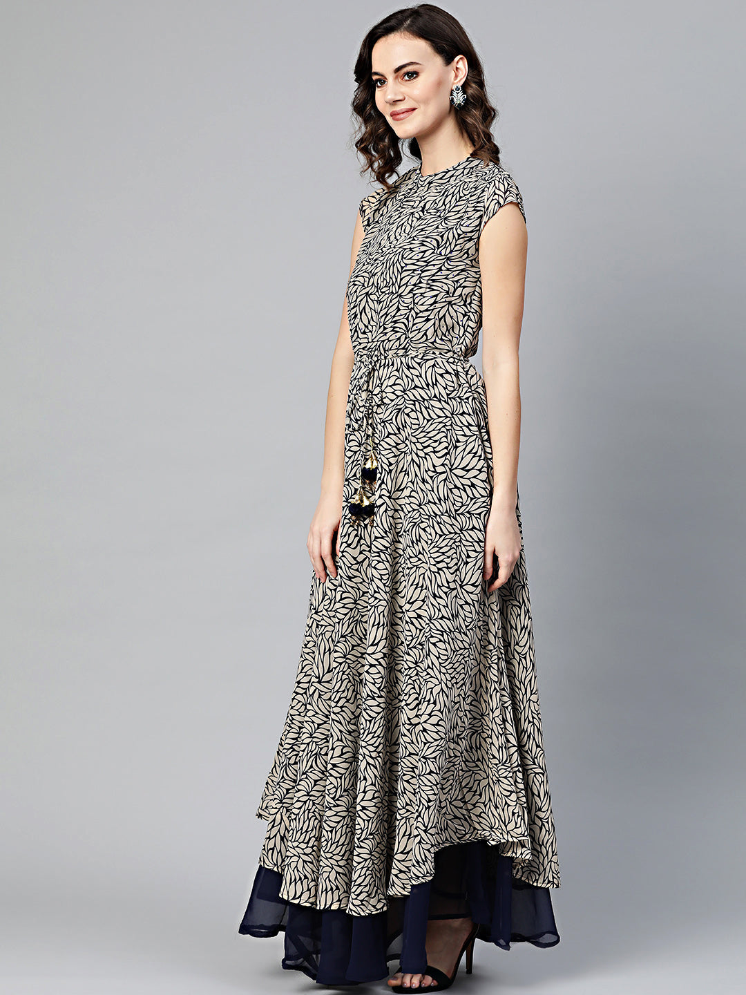 Layered Printed Dress with Tassled Belt and Tropical Print