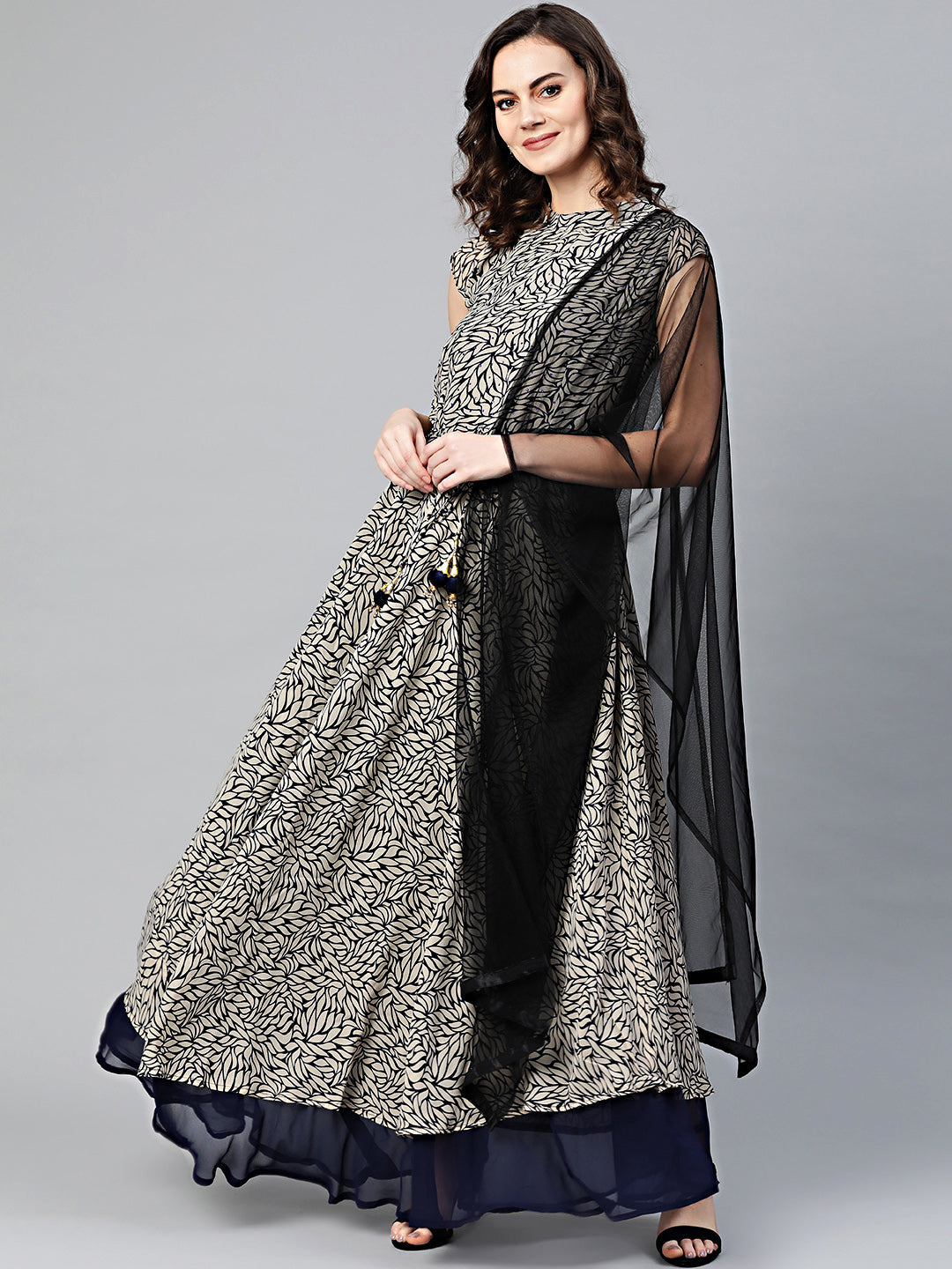 Layered Printed Dress with Tassled Belt and Tropical Print