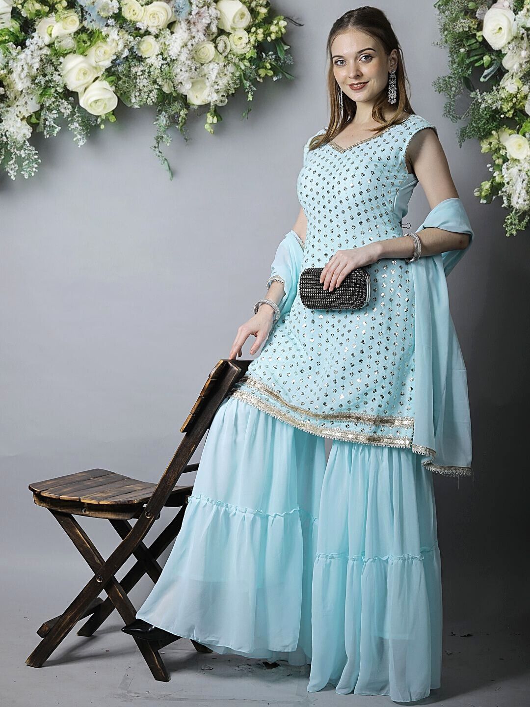 Pastel Blue Sequin Embroidered Georgette Kurta with Layered Sharara