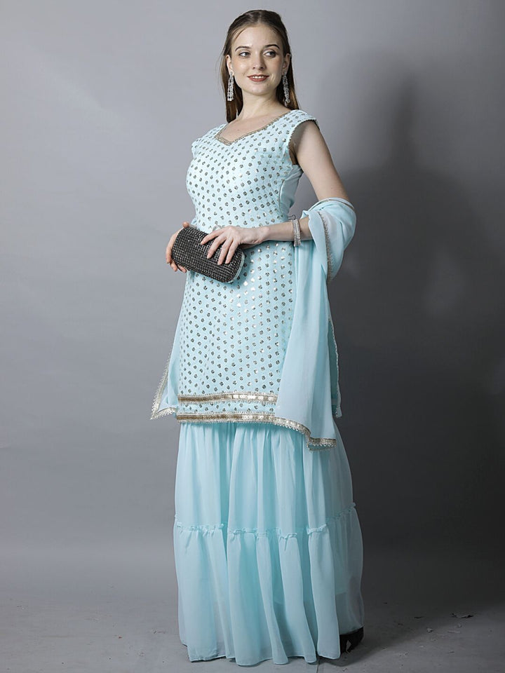 Pastel Blue Sequin Embroidered Georgette Kurta with Layered Sharara