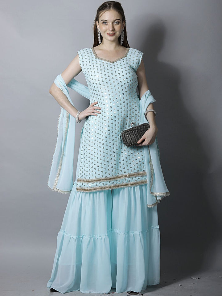 Pastel Blue Sequin Embroidered Georgette Kurta with Layered Sharara